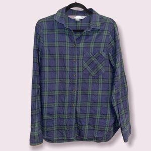Old Navy Long Sleeve Flannel Shirt Plaid Button Front Blue Green Womens Size M